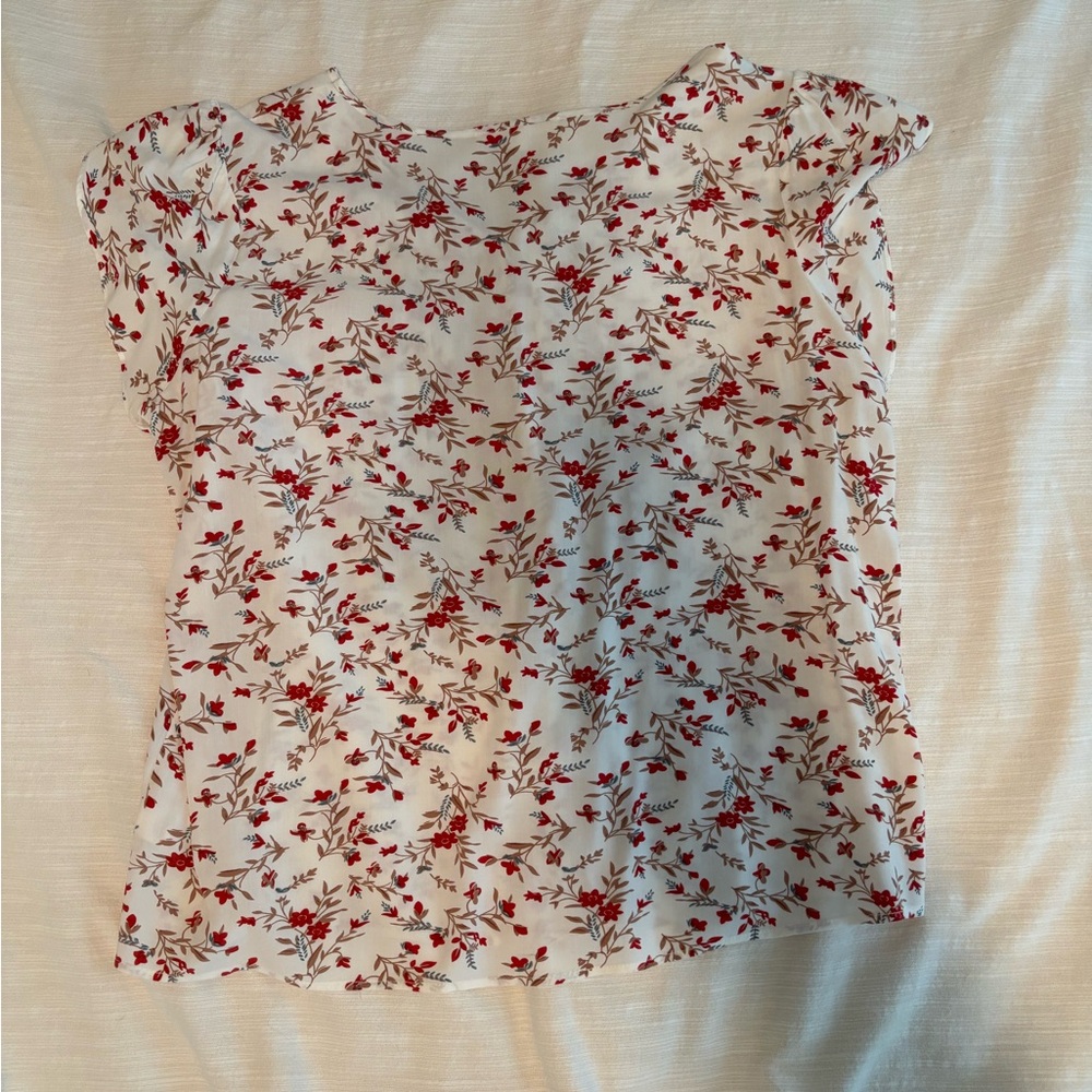 fun 2 fun White Cap-Sleeve Blouse with Red Floral Print